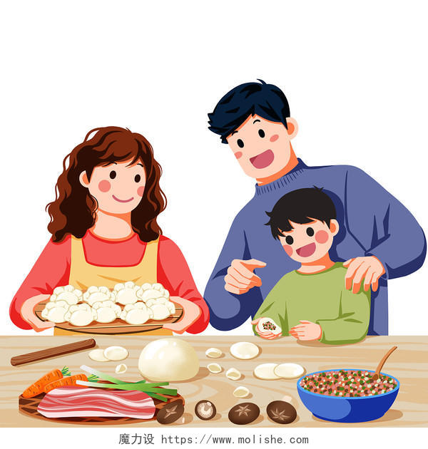 手绘立冬冬至一家人三口人在一起吃饺子包饺子插画元素立冬冬天插画